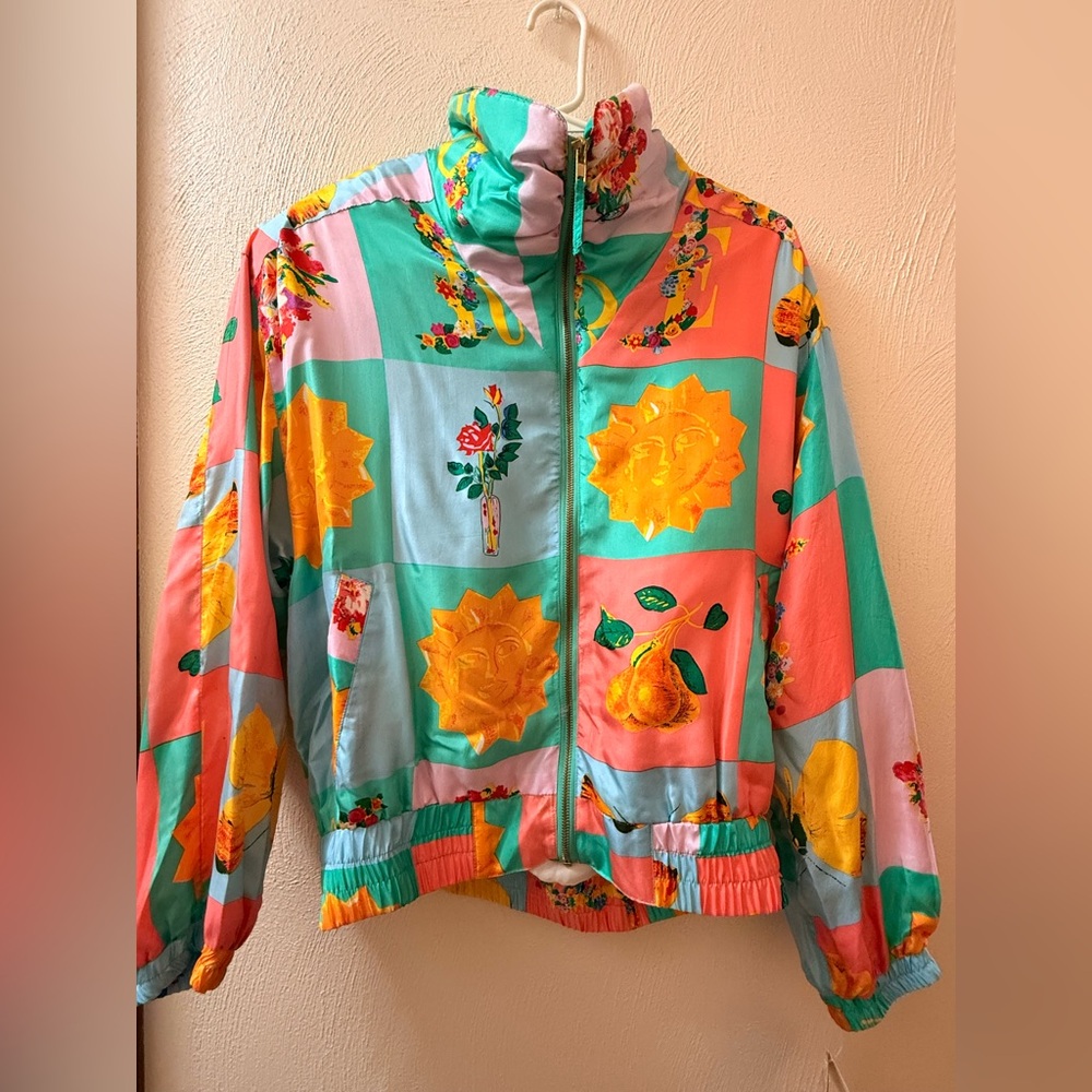 100% Silk 1980s With Tags Vintage Aqua Pants with Colorful Floral Windbreaker - Picture 4 of 8